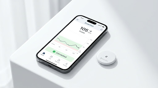 Essentius no celular mostrando a glicemia atual e a curva do dia, ao lado de um sensor de glicemia contínua